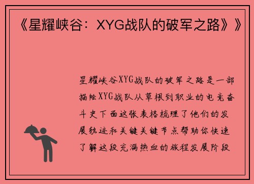 《星耀峡谷：XYG战队的破军之路》》